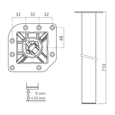 Pied de table carré 80 - hauteur 705 mm