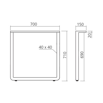 Pied de table en L, hauteur 710 ou 870 mm