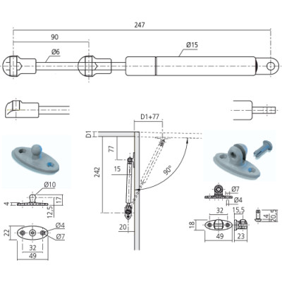 Compas à gaz pour porte relevable - Force : 10 kg