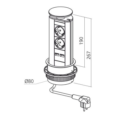 Bloc prise escamotable 2 prises + 2 USB diamètre 80 mm