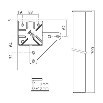 Pied de table look inox forme carré 100 mm